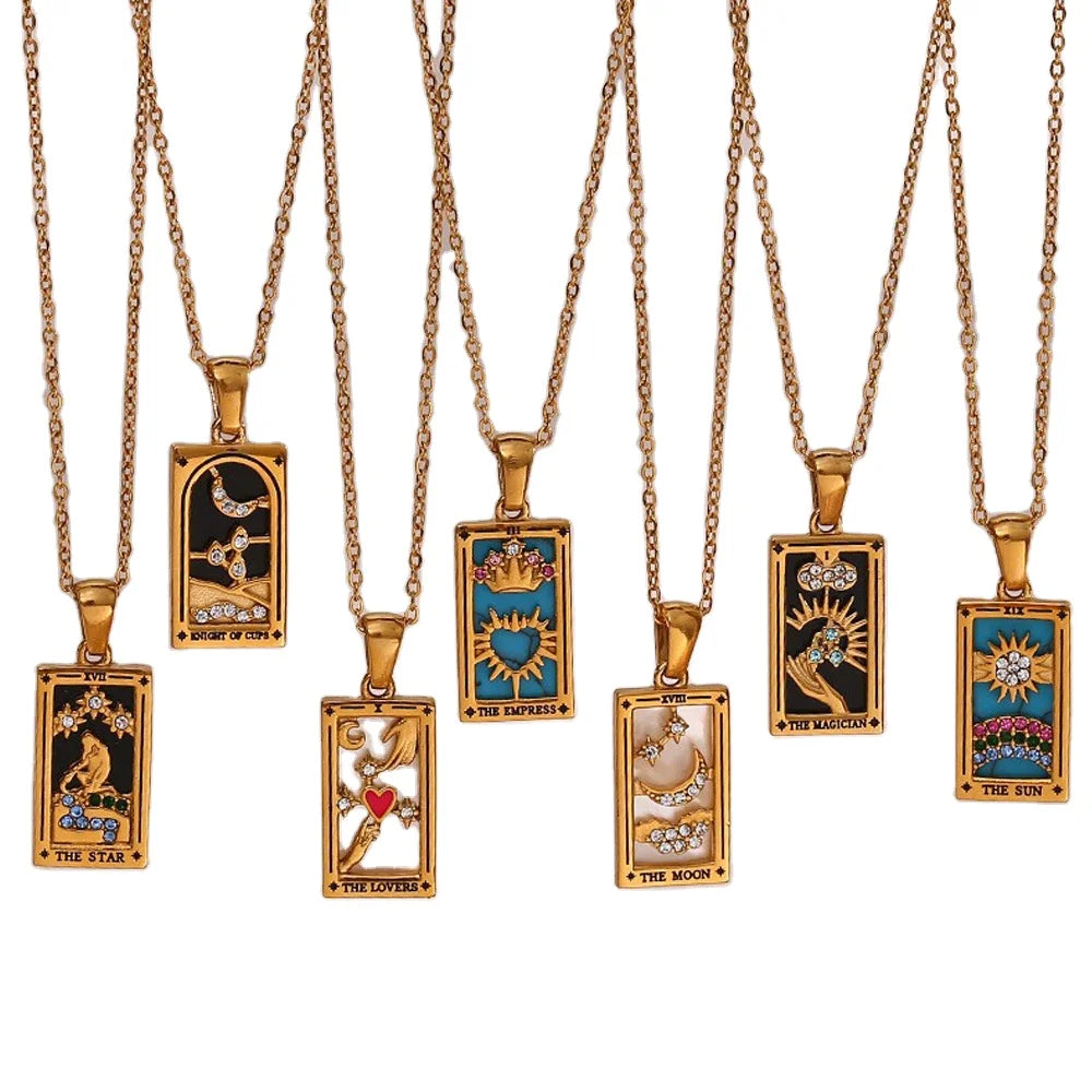 Y010 Vintage Square Colorful Enamel Zircon Tarot Cards Pendant Necklace Pvd 18k Gold Plated Stainless Steel Necklace for Women