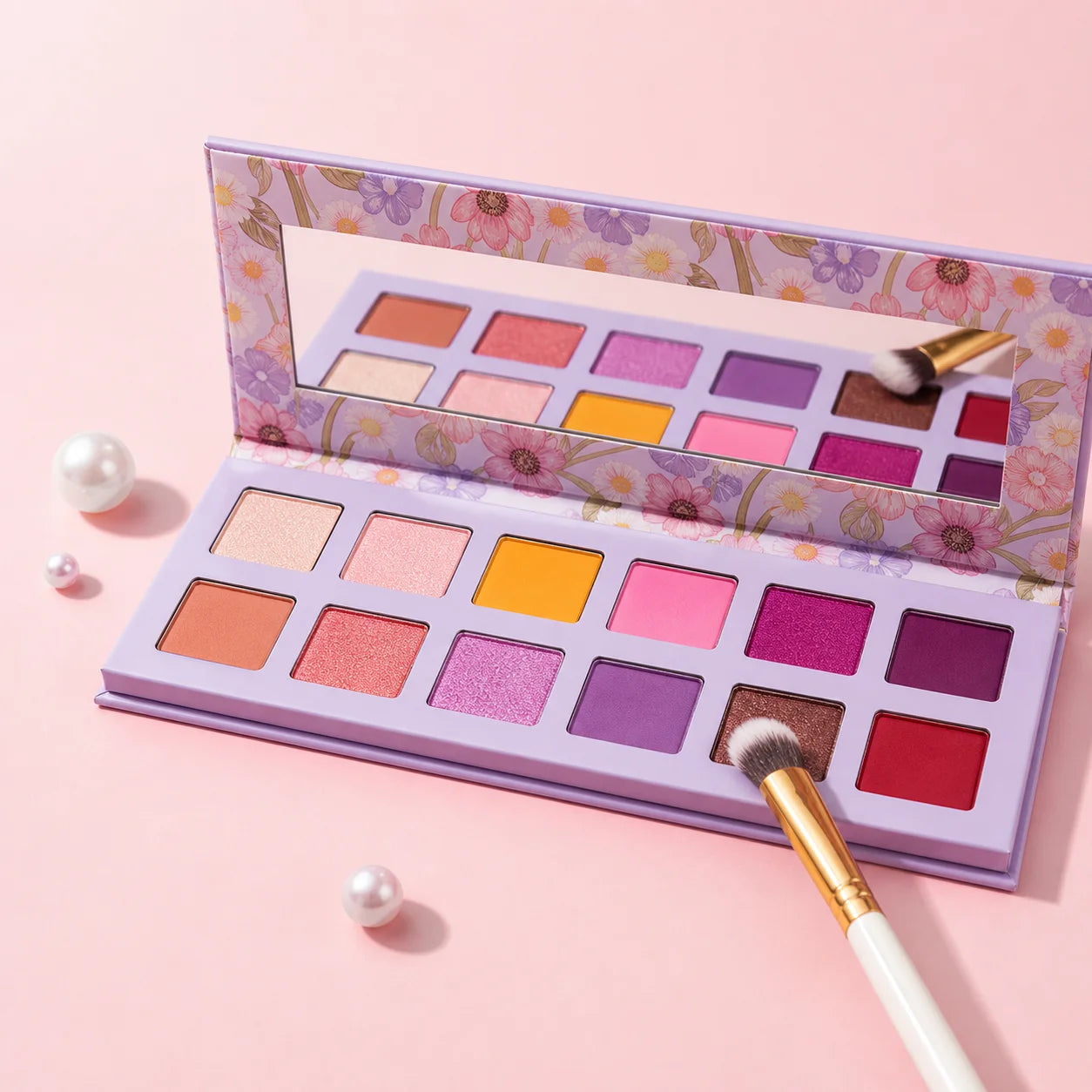 OEM Custom Private Label Luminous Metallic Eyeshadow Palette 12 Colors Matte Glitter Purple Case Mirror for Lady High Pigment