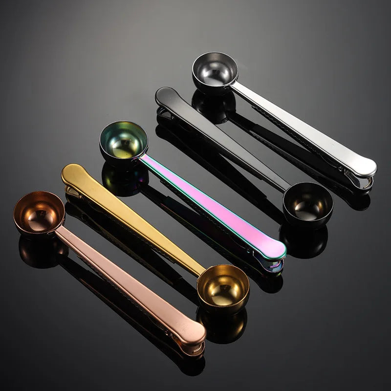 Multi Function Coffee Bean Measuring Scoop Long Handle Tablespoon Stainless Steel Coffee Spoon With Bag Clip