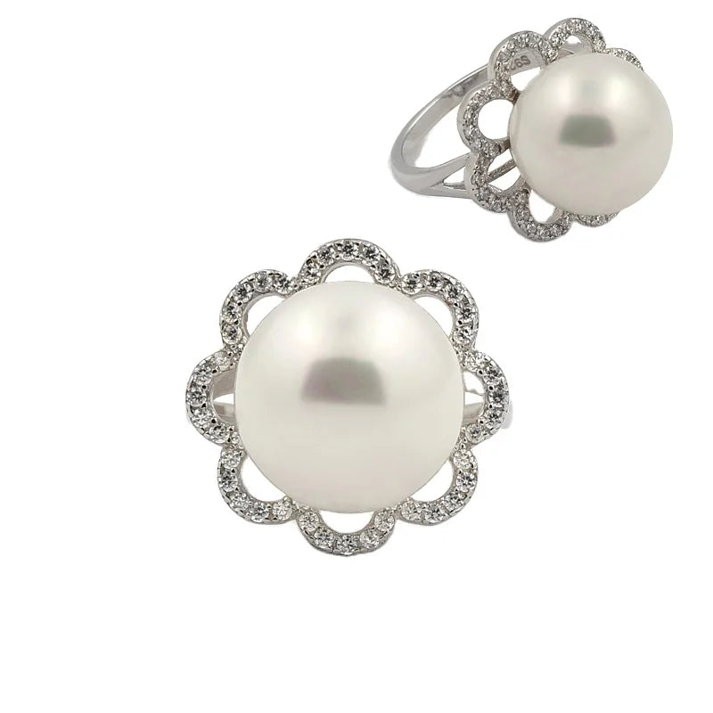 Elegant Flower Gift Queen Real Pearl Jewelry Freshwater Pearls Fashion 925 Silver Vintage Pearl Rings