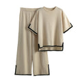 Summer Clashing  Color Split Sweater Knit Set Casual Loose Knit Pullover and Wide Leg Pants Set Knitted Two Piece Set for Women