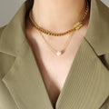 Classic Gold Plated Stainless Steel Hip Hop Two Layers Chain Irregular Pearl Pendant Chokers Necklace for Women Girls