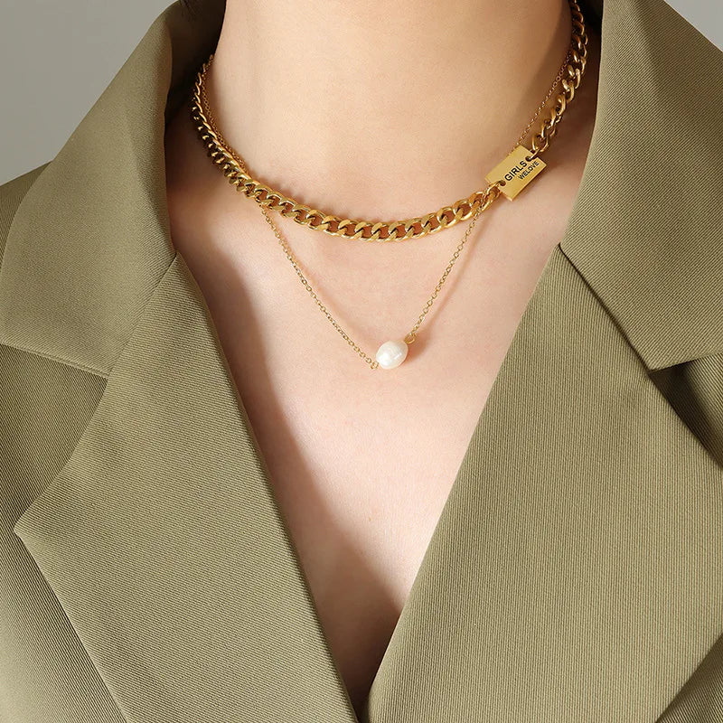 Classic Gold Plated Stainless Steel Hip Hop Two Layers Chain Irregular Pearl Pendant Chokers Necklace for Women Girls