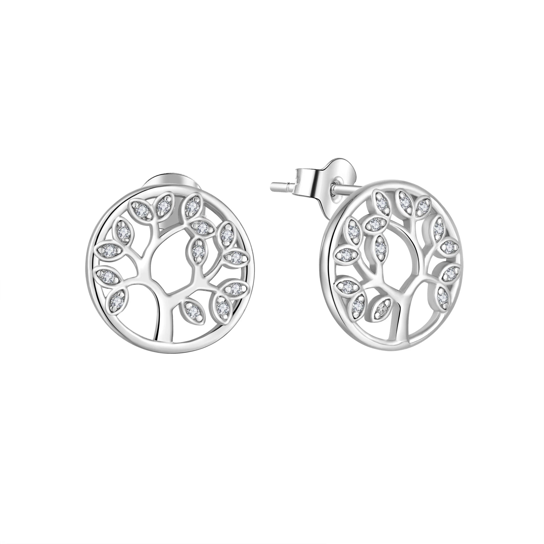 Fashion Jewellery Earring 925 Sterling Silver Cubic Zirconia Round Tree of Life Stud Earrings