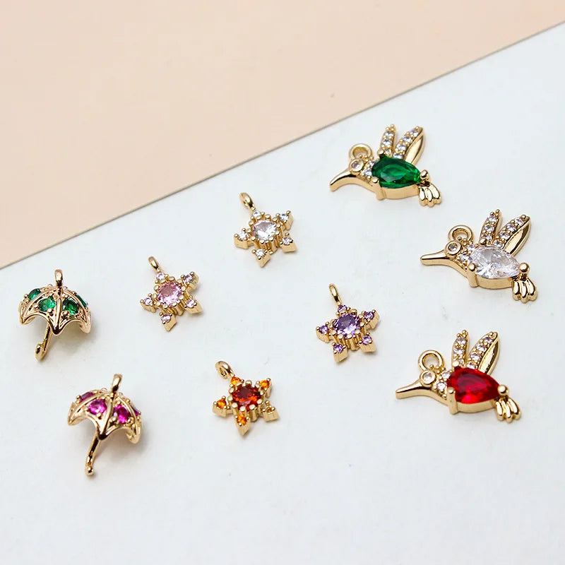 Shiny Gold Plated Cubic Zircon Small Bird Star Umbrella Charm Pendant for DIY Making Jewelry Glass Crystal Pave Charm