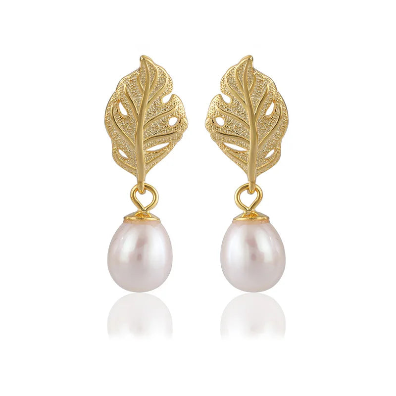 New S925 Sterling Silver Simple Fashion Earrings Freshwater Pearl Earrings Women Leaf DIY Empty Earring Base Stud Earrings