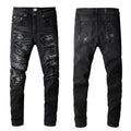 High Street Men Black Ripped Jeans Heavy Hand Distressed Multi Patch Denim Pants Vintage Skinny Tapered Slim Fit Biker Trousers