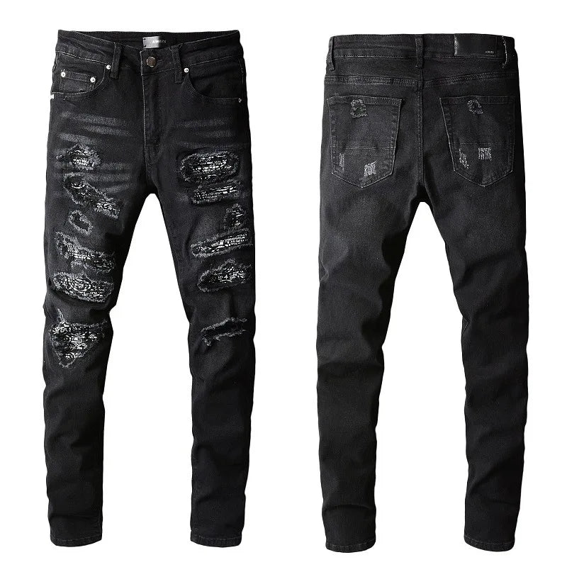 High Street Men Black Ripped Jeans Heavy Hand Distressed Multi Patch Denim Pants Vintage Skinny Tapered Slim Fit Biker Trousers