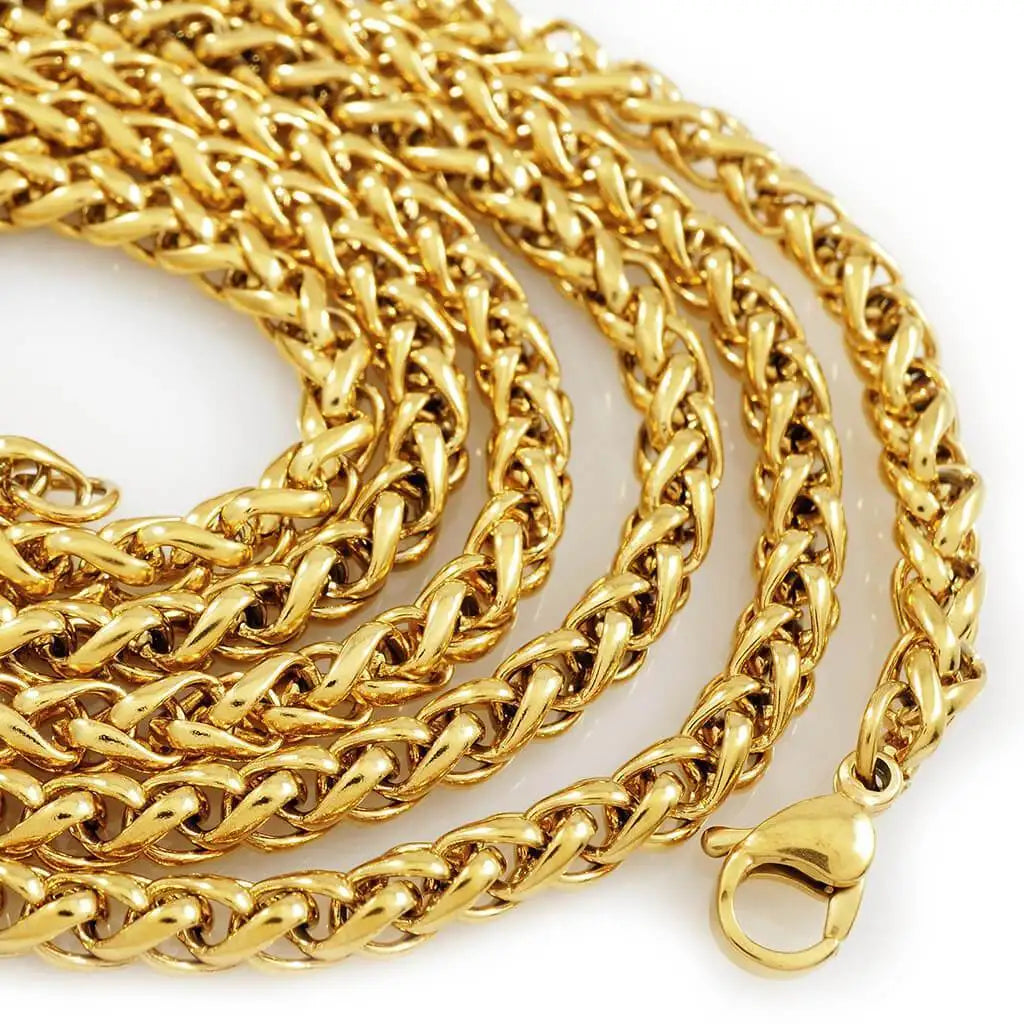 Olivia 3mm Gold Wheat Chain Mens Stainless Steel Long Link Twisted Chain Braided Wheat Spiga Link Chain Necklace Custom Size