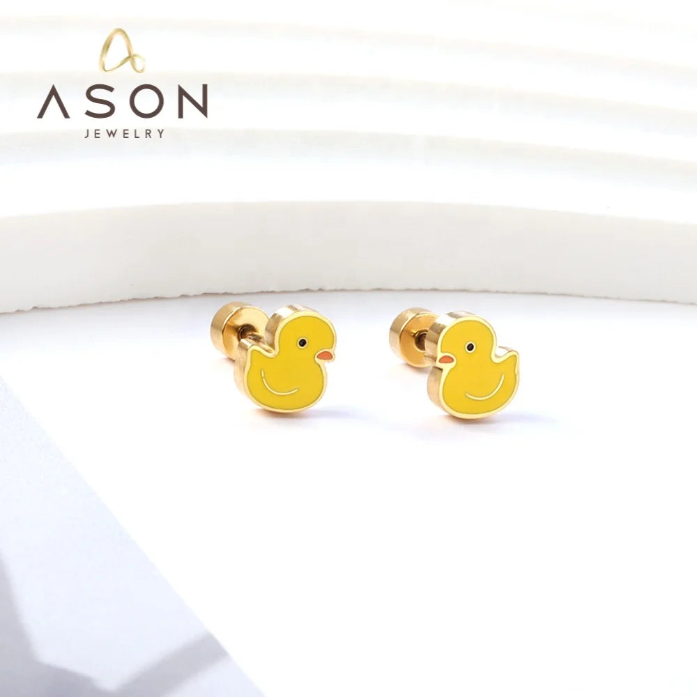 Ason Fashion Cute Animals Stainless Steel Stud Earrings Screw Plug Yellow Duck Stud Earrings for Kids