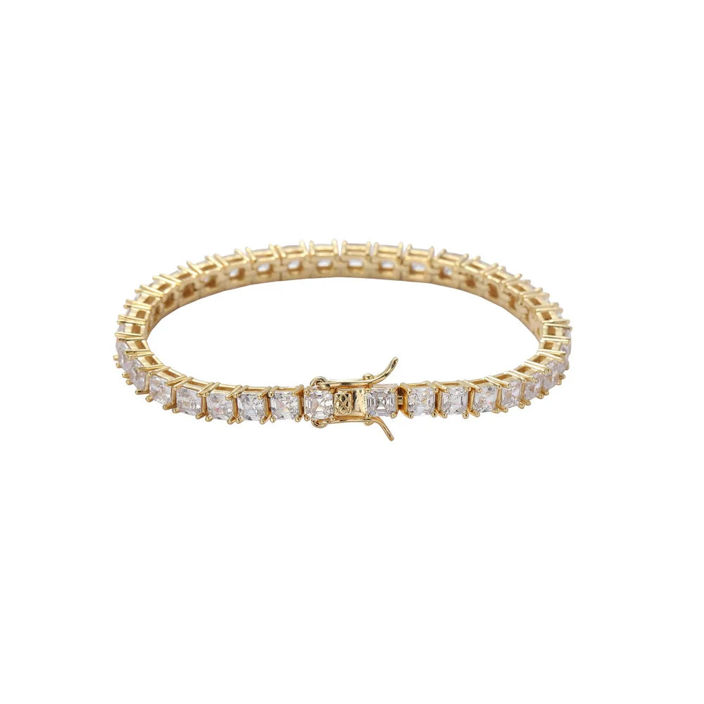 AIJIER Emerald Cut CZ Tennis Chain Bracelet Unisex 18K Gold Hip Hop Jewelry Trendy Style Rhodium Plated for Party