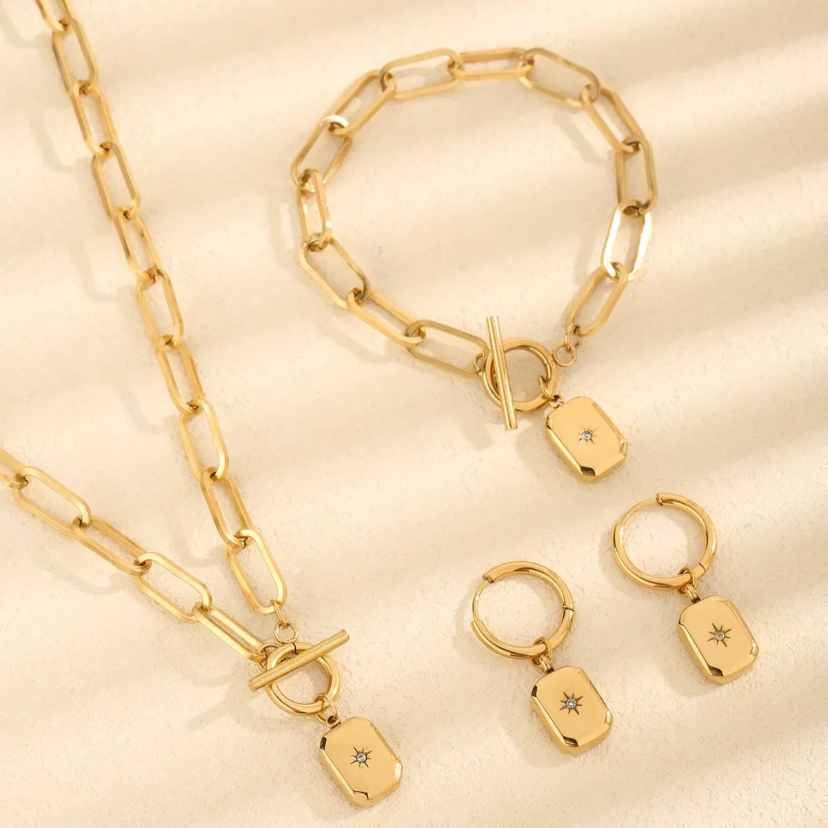 18K Gold Plated Stainless Steel Star Zirconia Link Square Pendant Chain OT Clasp Bracelet Necklace Earrings Hundred Set Women