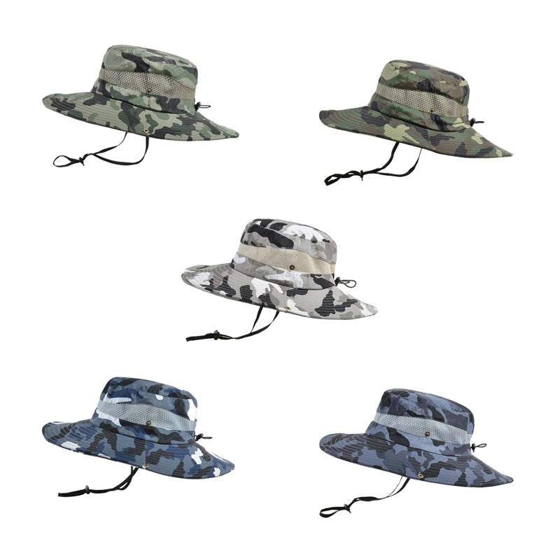 Custom Logo Camo Drawstring Sunshade Casual Wide Brim Breathable Versatile Outdoor Fisherman Bucket Hats Waterproof