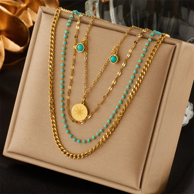 Wholesale Fashion Jewelry 18k Gold Plated Round Pendant Necklaces Multi Layered Stainless Steel Necklace for Women
