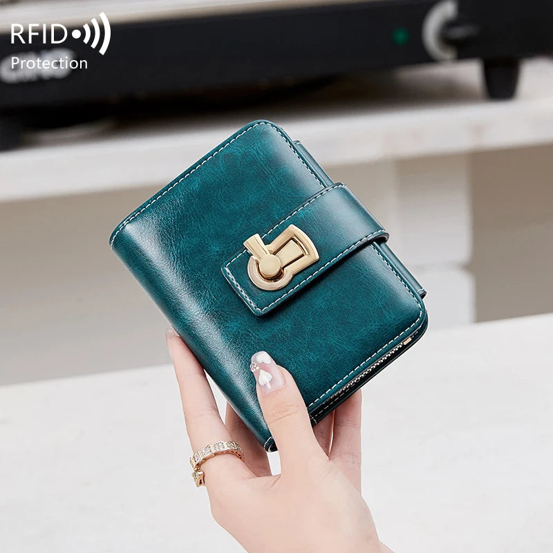 RFID Blocking Fashion Vintage Short PurseType Women Zipper Coins Pocket Wallet Cards Holder Wallet