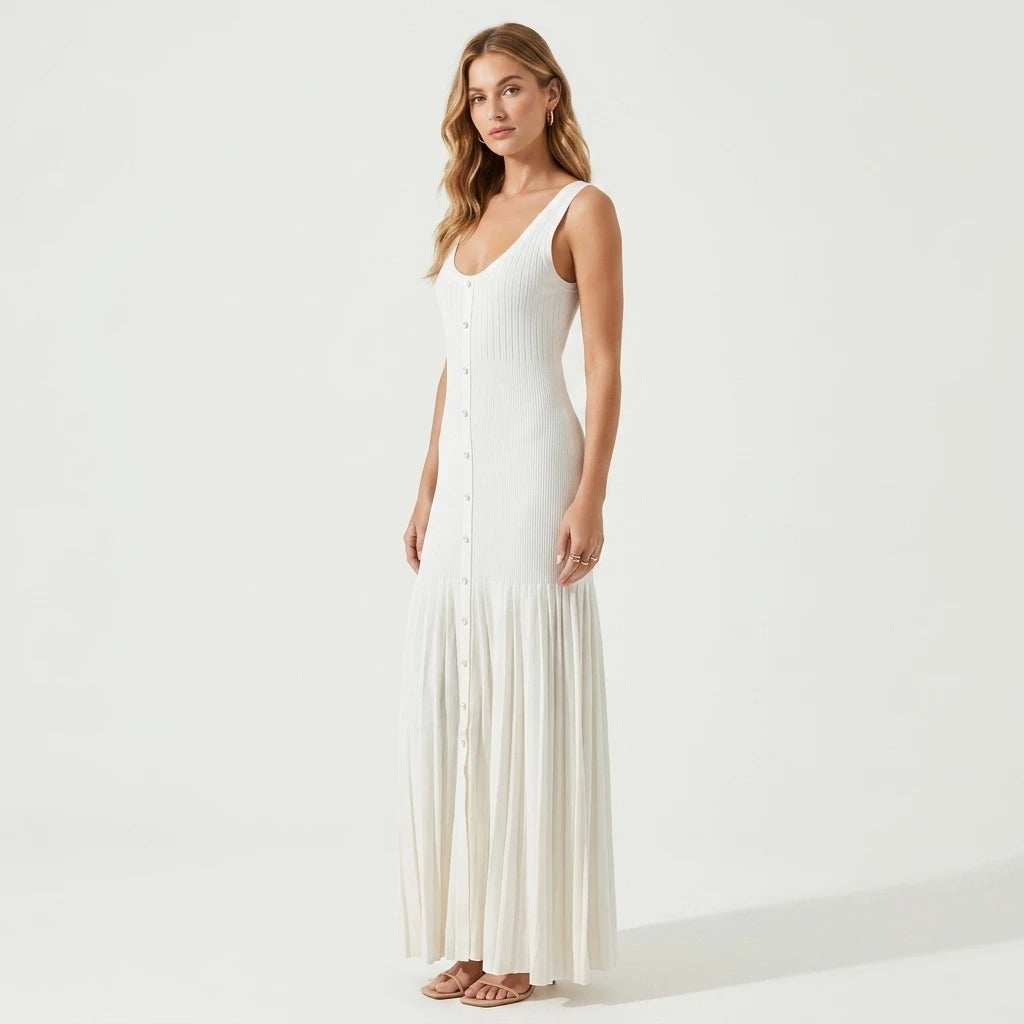 2025 Summer Elegant Lady Solid Bead Knit  O-Neck Long Sleeve Single-Breasted   Sleeveless Maxi Dress for Women Knit
