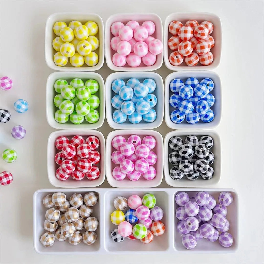 Acrylic 16mm Checkered Pattern Classic Plaid Pattern loose Round Beads DIY Keychain Lanyard Bracelet Necklace Jewelry Making