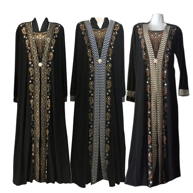 High Quality Luxury Women Islamic Prayer Lady Black Robe Arabic Robe Rhinestone Printed Dubai Muslim Dress Abayas