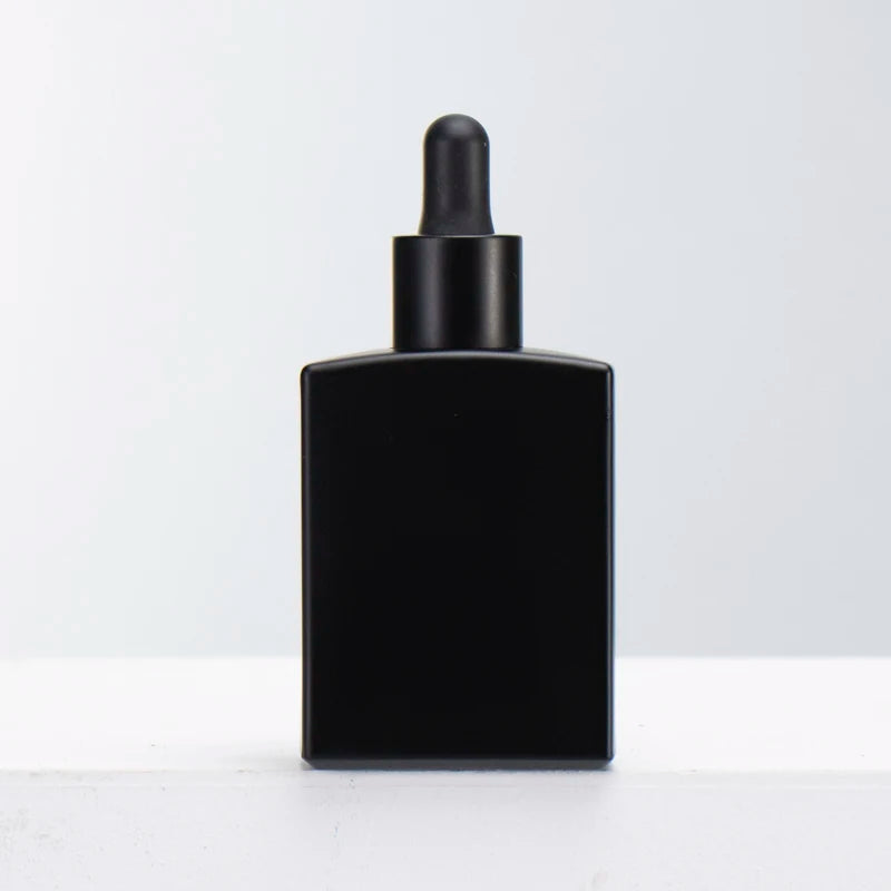 Custom 30ml Square/Rectangular Glass Dropper Bottle Empty Serum Essence Skincare Matte Black Beard Oil