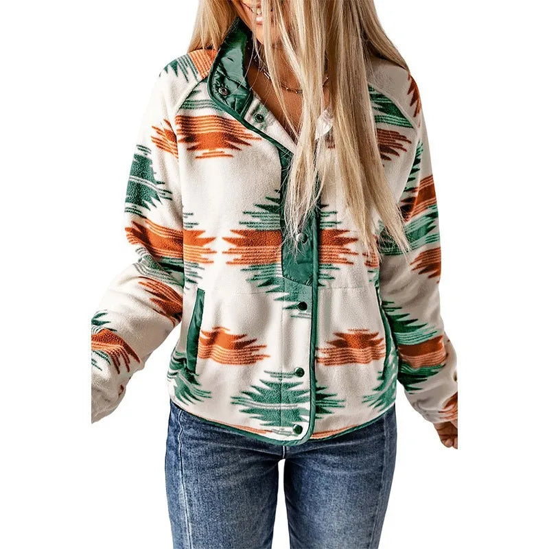 2026 New Arrival Western Aztec Print Button up Casual Fall Winter Women Fleece Jacket