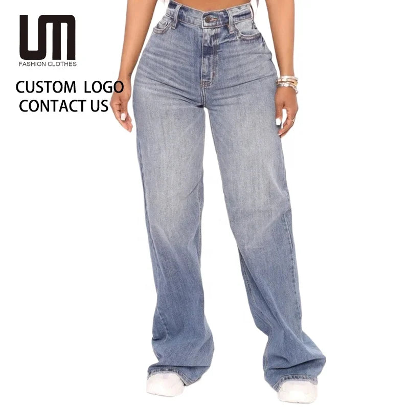 CUSTOM LOGO New Y2K Fashion Loose Denim Wide Leg High Waist Baggy Jeans for Women Streetwear Style Zipper for Summer