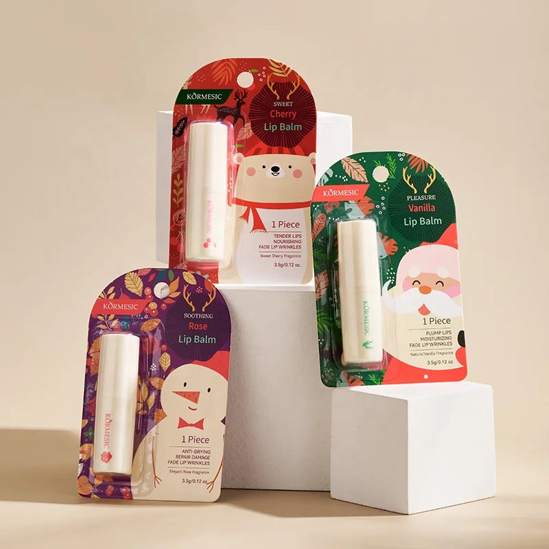 KORMESIC Natural Custom Logo Lipbalm Labial Vanilla Rose Cherry Fruit Flavor Christmas Repair Lip Balm