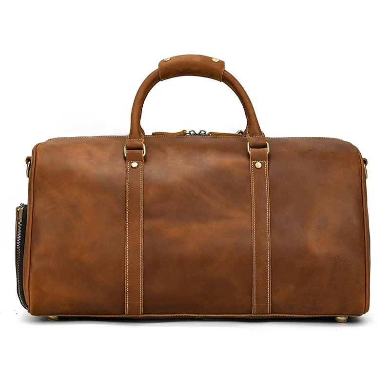 Vintage Brown Leather Duffle Bag Overnight Men Crazy Horse Leather Travel Bag With Shoes Compartment