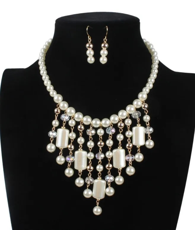 T7670 Women's Trendy Pearls Tassel Necklace Pearls Necklace Earring Set Pearls Jewelry Set