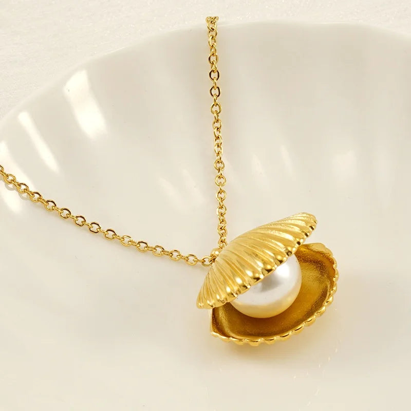 Wholesale Fashion Imitation Pearl Pendant Stainless Steel Necklace Link Chain PVD Plated 18k Gold Trendy Fashion