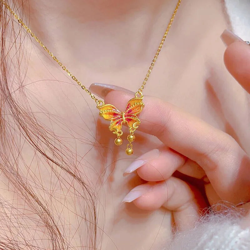 Summer Fashion Women's Necklaces with Butterfly Tassel Beads & Gold Plated Stainless Steel Chain for Gift