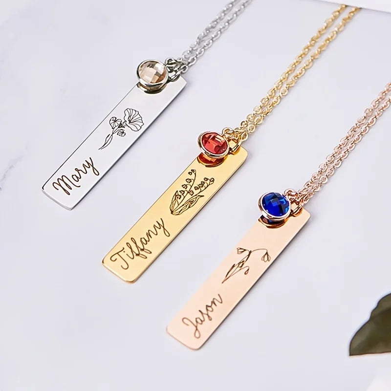 Personalized Custom Name Stainless Steel Jewelry Crystal Stone Birth Month Flower Necklace Personalized Gift for Birthday