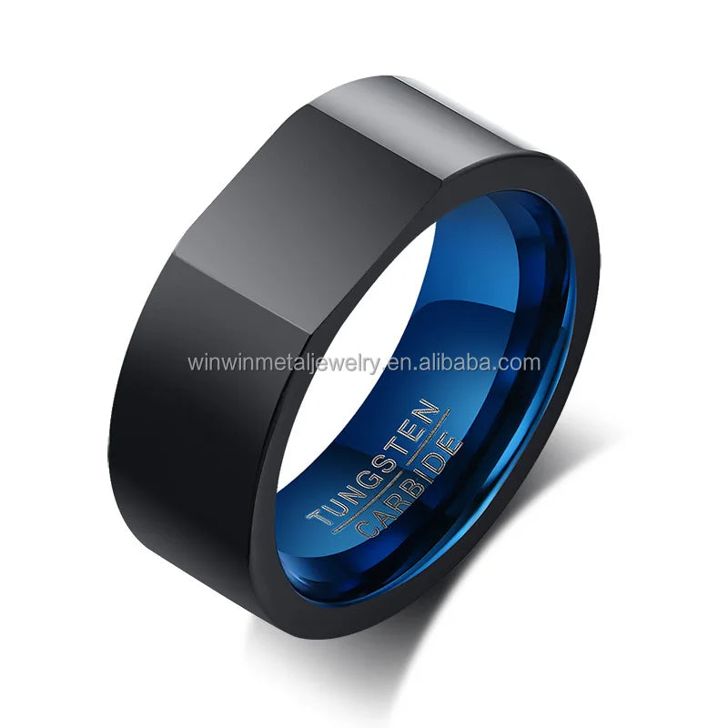 8mm Faceted Tungsten Carbide Wedding Band Ring Unisex Black & Blue Plated Trendy Style Engagement Gift for Party Anniversary