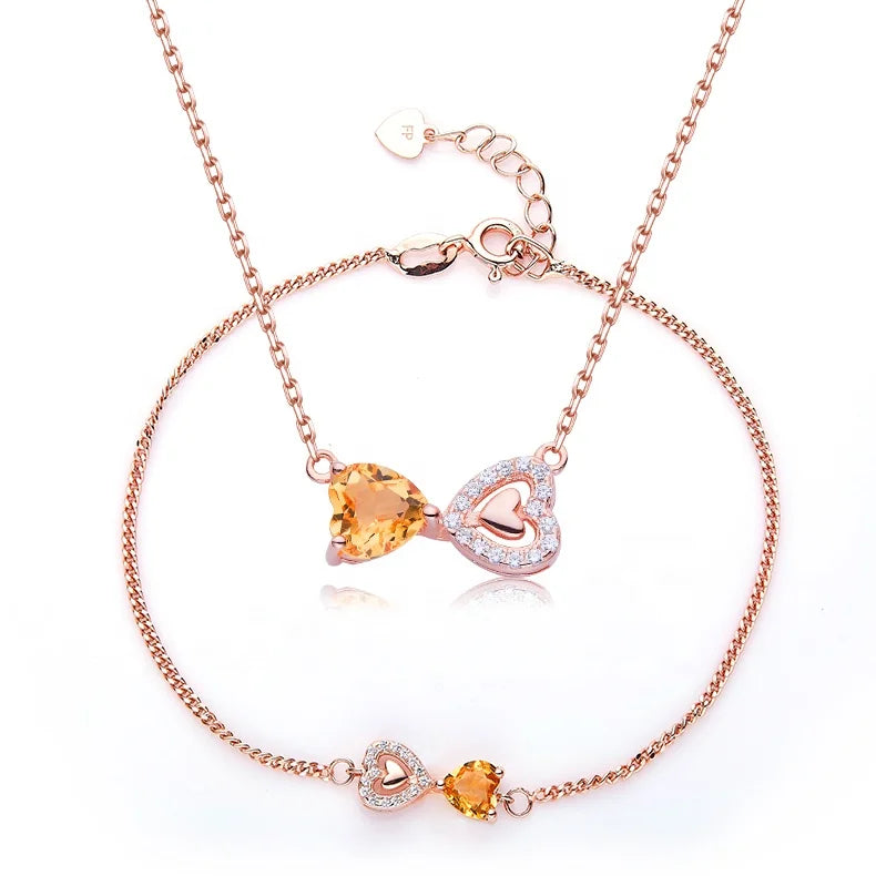 Wholesale Fashion Jewelry 925 Sterling Silver Rose Gold Plated Natural Citrine Necklace Bracelet Set