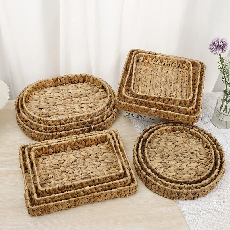 Hot Selling 3pcs Set Round Rectangular Oval Square Low MOQ Natural Water Hyacinth Storage Baskets Wicker Woven Basket