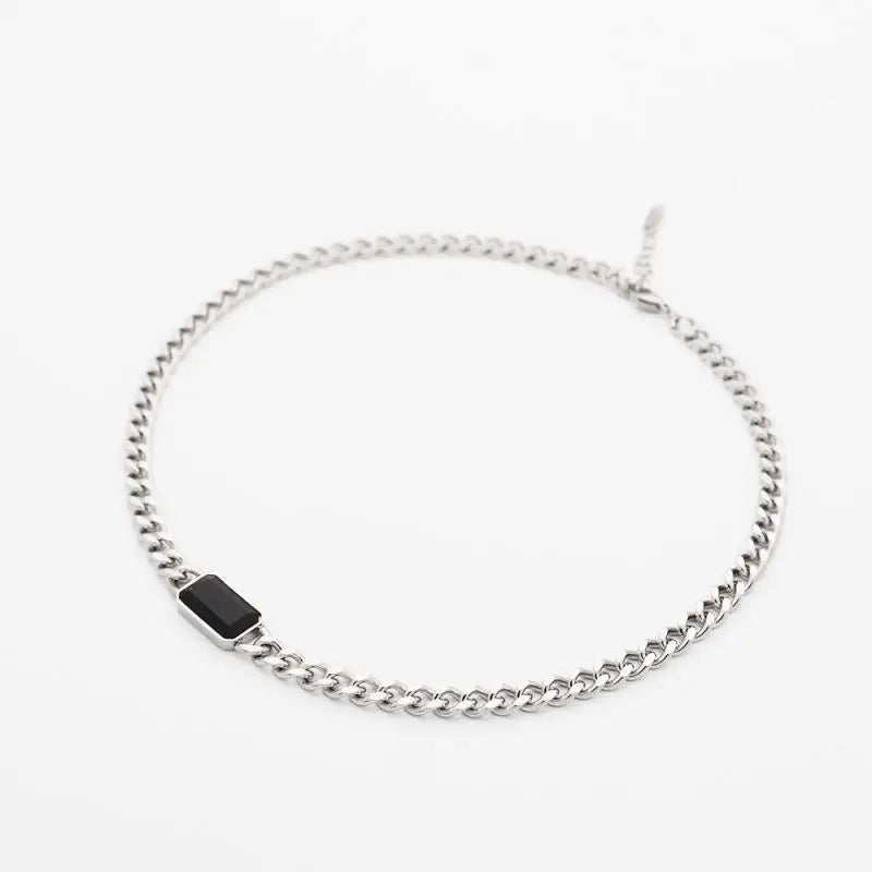Chris April 316L Stainless Steel PVD Gold Plated Geometric Simple Black Stone Thick Chain Necklace