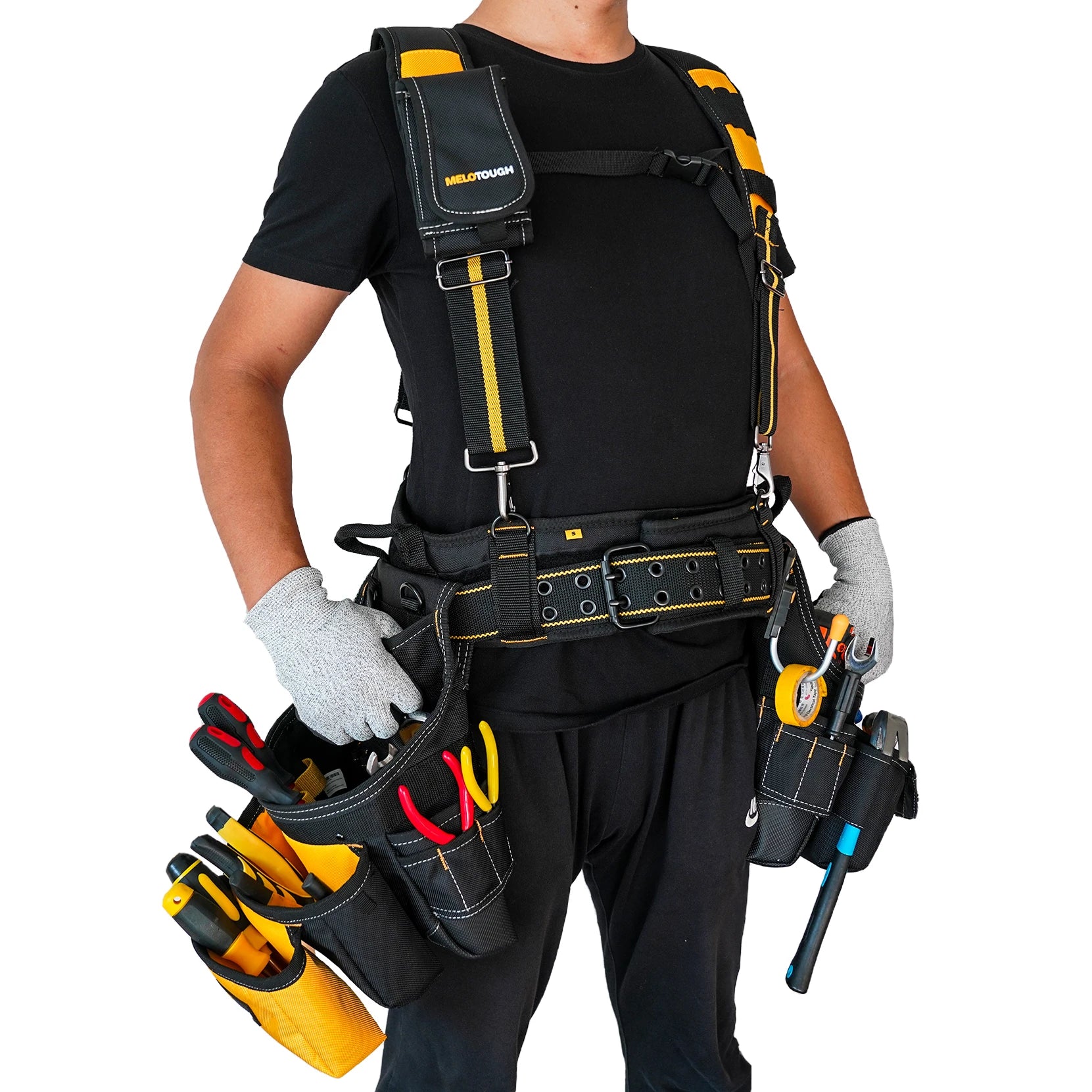 MELOTOUGH Carpenter Pro Framer Tool Belt With Suspenders Heavy Duty 1680D 26-Pocket Men Electrician Tool Belt Suspenders