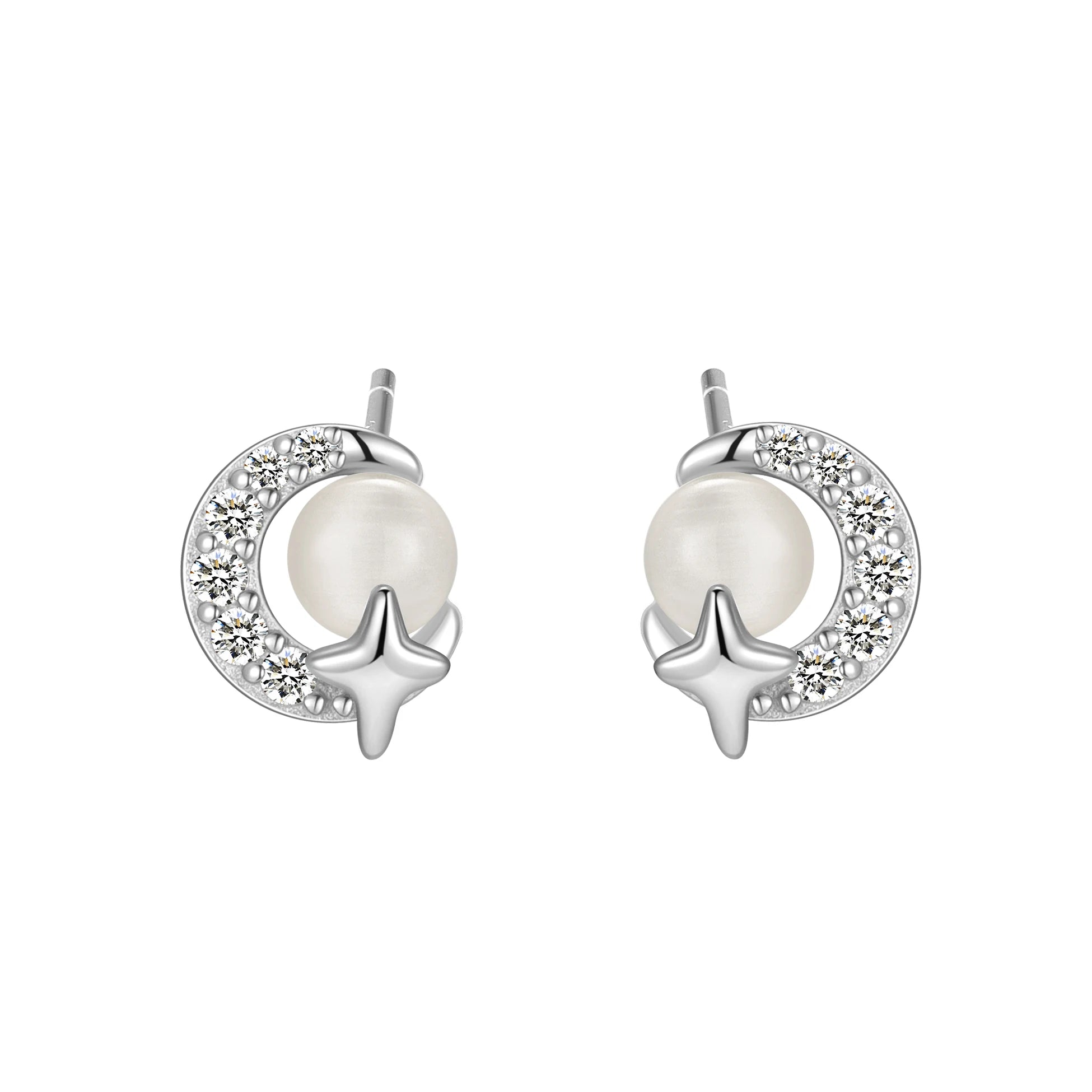 Star Moon Earrings 925 Sterling Silver Cubic Zirconia Shell Pearl Gold Simple Stud Set for Women Fine Jewelry Wholesale