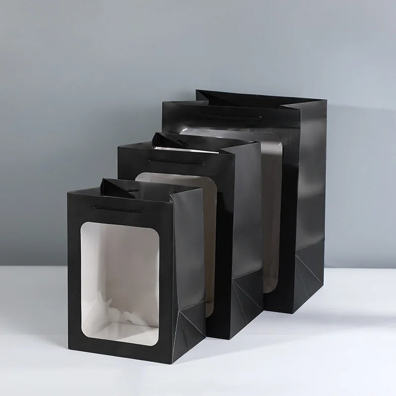Hot Foil Luxury Custom Design With Transparent Shopping Gift Packaging Black Matte Lamination Paper Bag