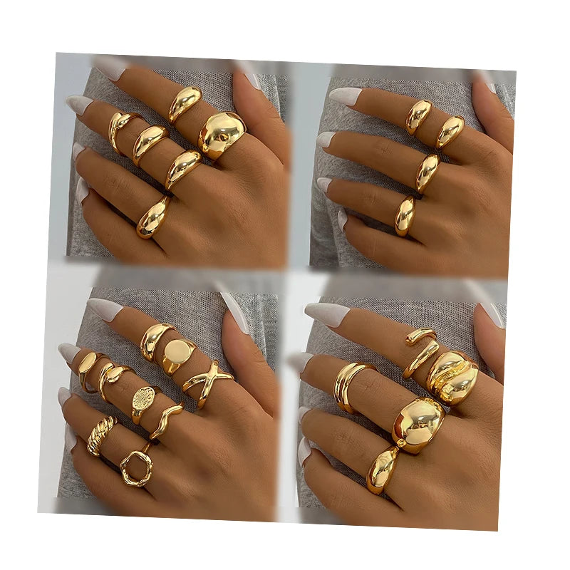 Punk Style Wide C Shaped Open Ring Spiral Pattern Hollow Ring Set for Women Jewelry Wholesale