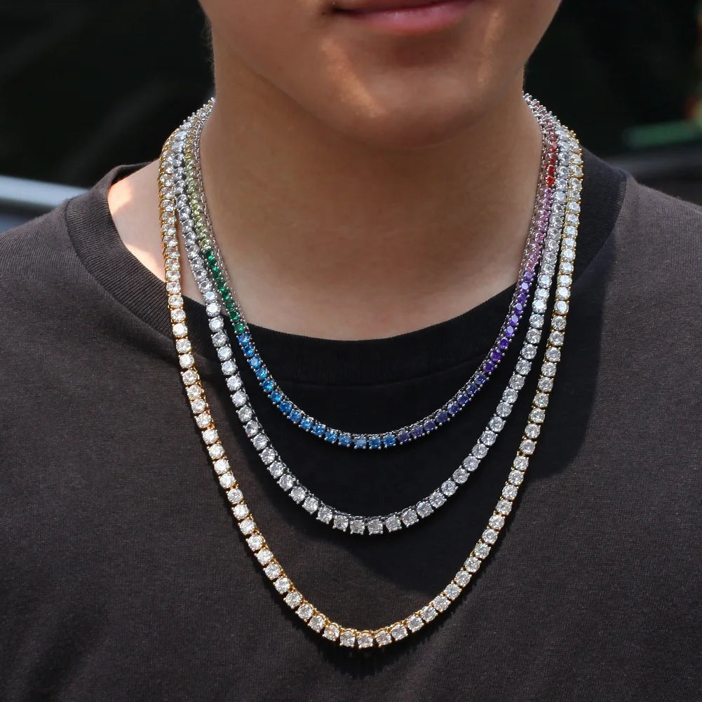 4mm Iced Fashion Brass Silver Gold Plated Hip Hop Elegant Rainbow Cubic Zirconia Link Chain Choker Unisex Jewelry
