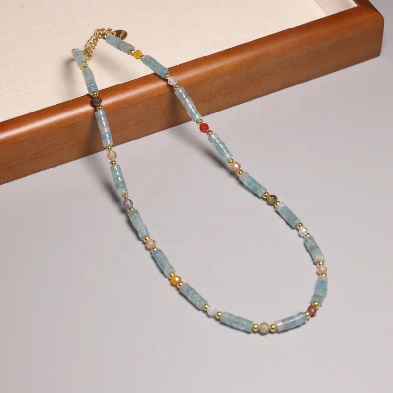 Natural Blue Aventurine Beaded Necklace for Women Men 14K Gold Plated Bead Healing Stone Energy Adjustable Choker Jewelry
