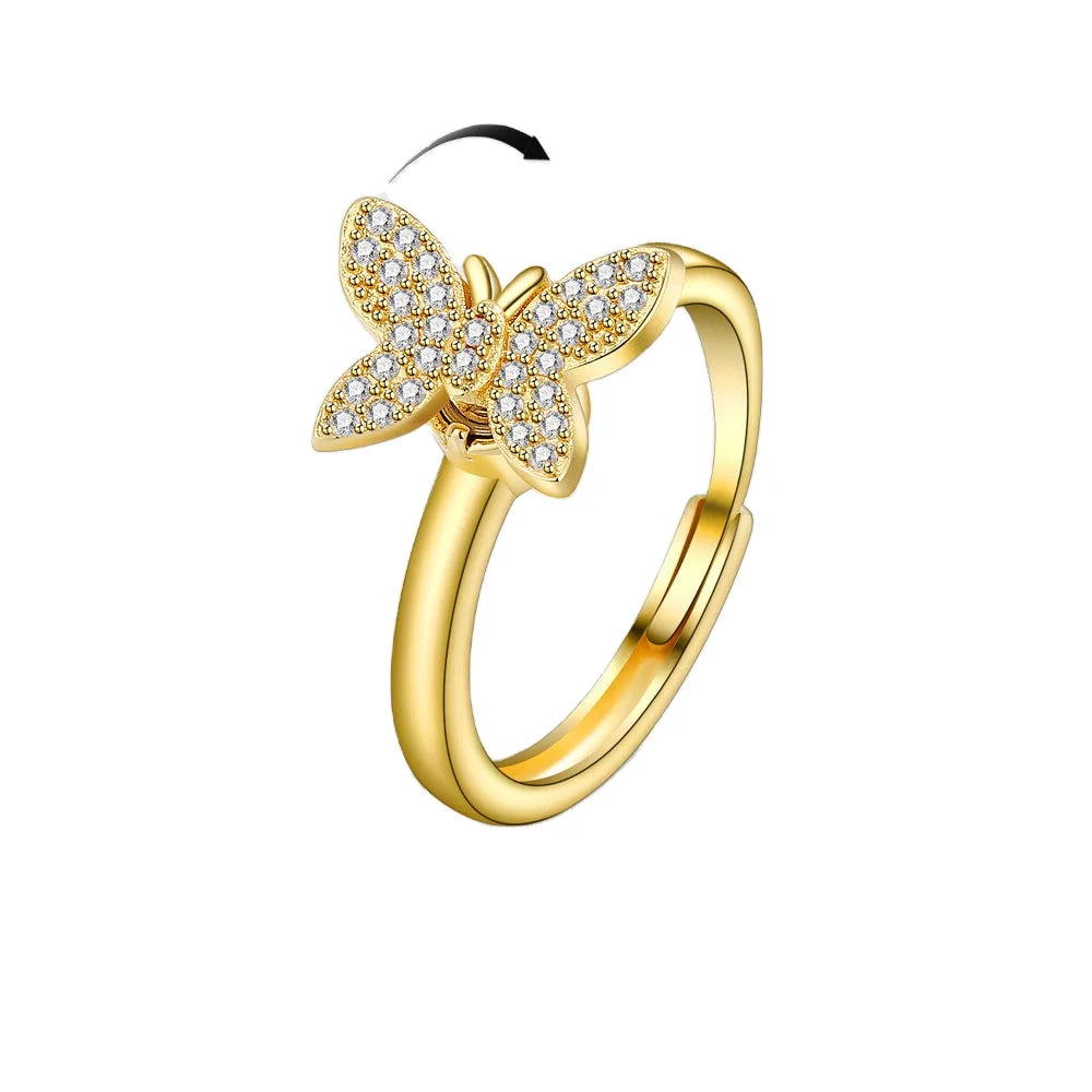 Daidan Fidget Ring Spinners Rings 18K Gold Plated Silver Adjustable Sterling Silver 925 Spinner Butterfly Ring