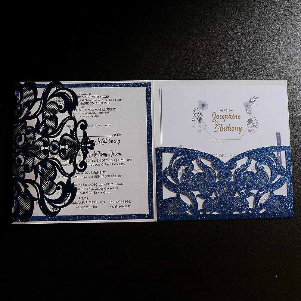 Blue Glitter Paper Laser Cut Wedding Invitation square Wedding Cards With Buckle MegaBDM