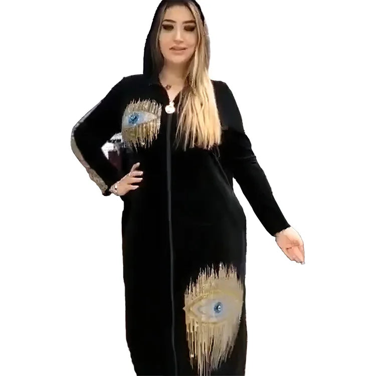 2024 African Velvet Cardigan Long Hoodie Fashion Nail Bead Design Cardigan and Hoodie European and American Fashion Long Hoodie