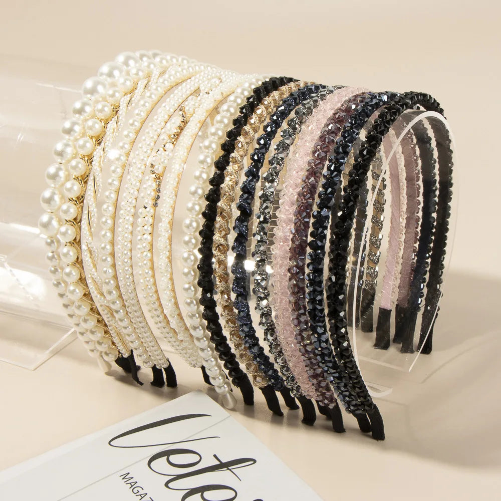 HOVANCI Wedding Party Hair Accessories Simple Glitter Crystal Pearl Hair Hoop Romantic Pearl Diamonds Hair Band for Bride