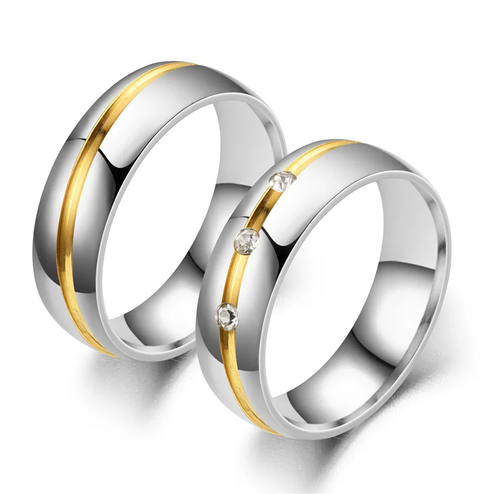 High Polished Gold Silver Plated Titanium Steel Engagement Wedding Rings Fashion Stainless Steel Jewelry Ring for Couples Set