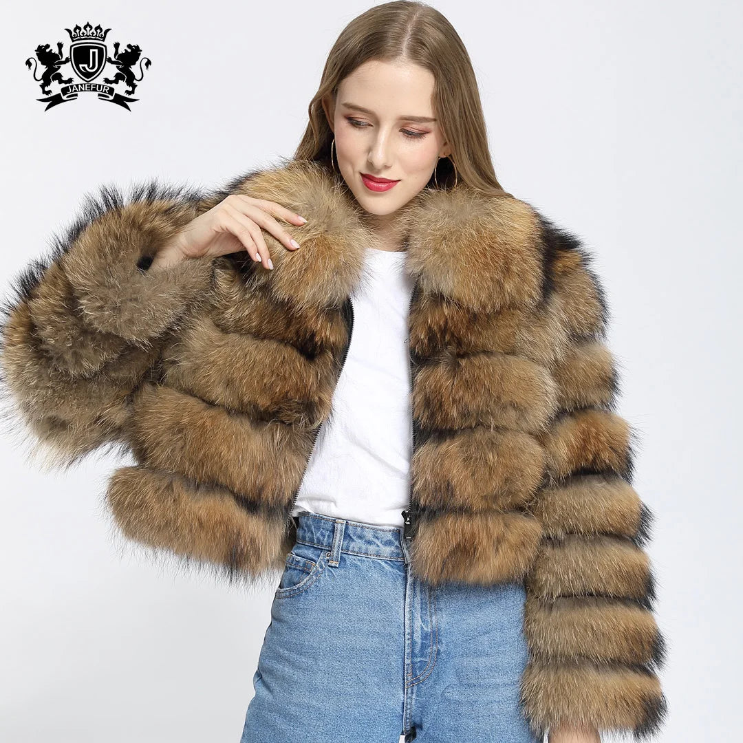 Plush Lined Custom Winter Coat Warm Short Outerwear for Casual Designer Women's Bomber Jacket with Natural Raccoon Fur