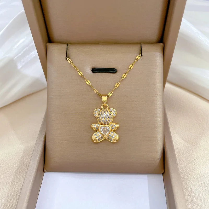 Cute Rhinestone Crystal Bear Link Chain Necklace Gold Plated Stainless Steel Bear Choker Necklace for Women