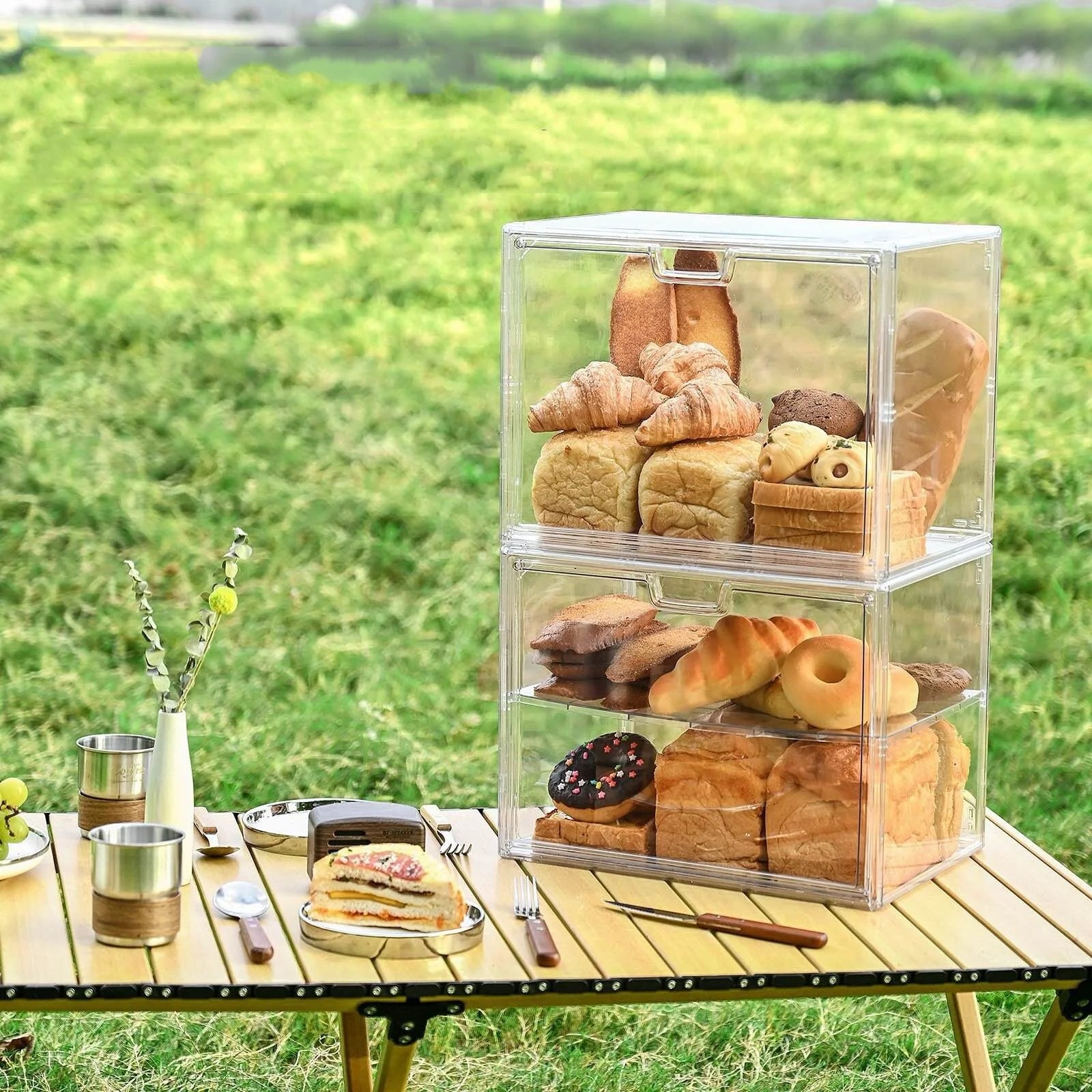 OWNSWING Bread Box for Kitchen Countertop Stackable Display Cases for Figures Clear Storage Bins Organizer for Home