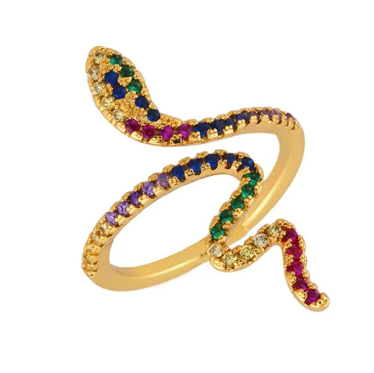 Fashion Snake-shaped Zircon Ring Diamond Inlaid Retro Vintage Copper Resizeable Geometric Rings for Women Jewelry